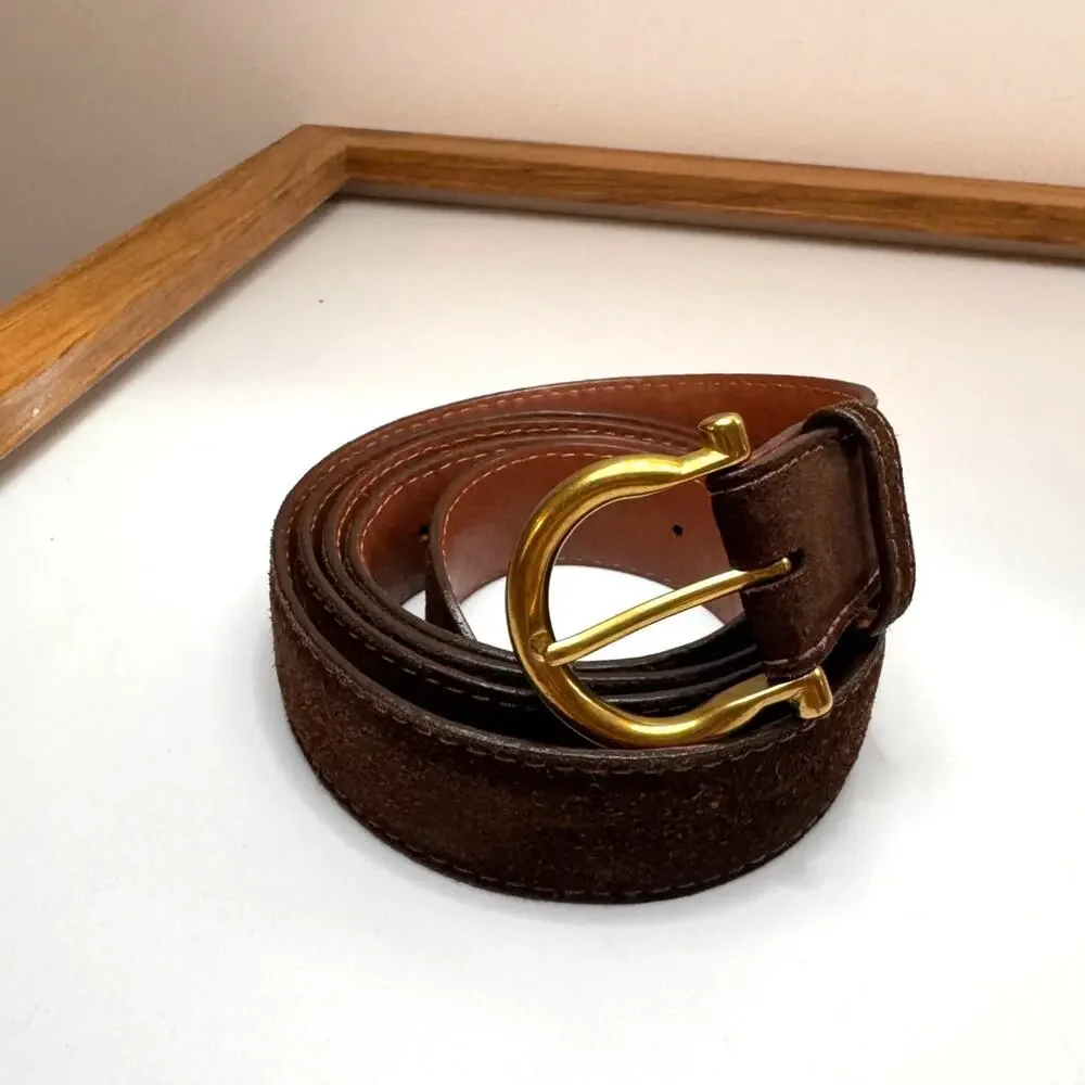 Vintage J.Hilburn USA Men French Calf Belt Brown Suede Gold Brass Buckle Size 55